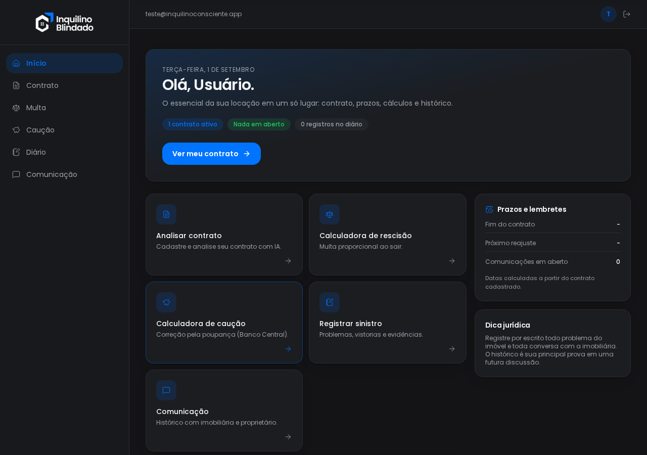 Painel do Inquilino Blindado com contrato, calculadoras e prazos